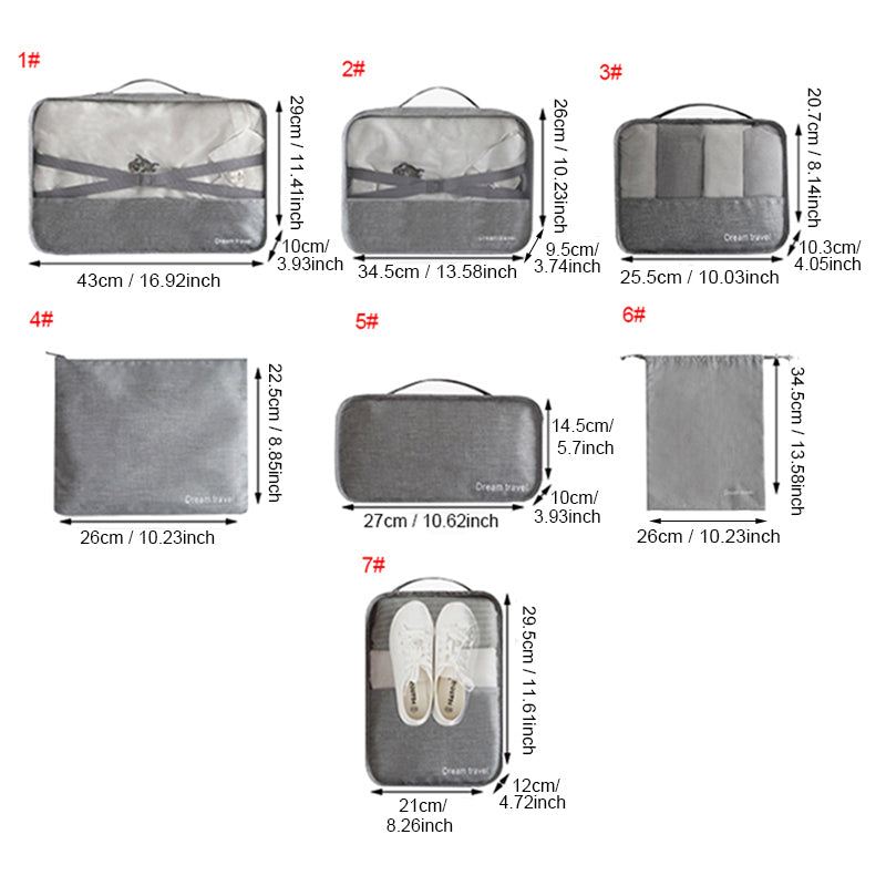 Sistema de Bolsa de Viaje Impermeable Duradero 7 Piezas Un Set de Cubos de Empaque Unisex Clasificación de Ropa Gran Capacidad de Bolsa Ordenada